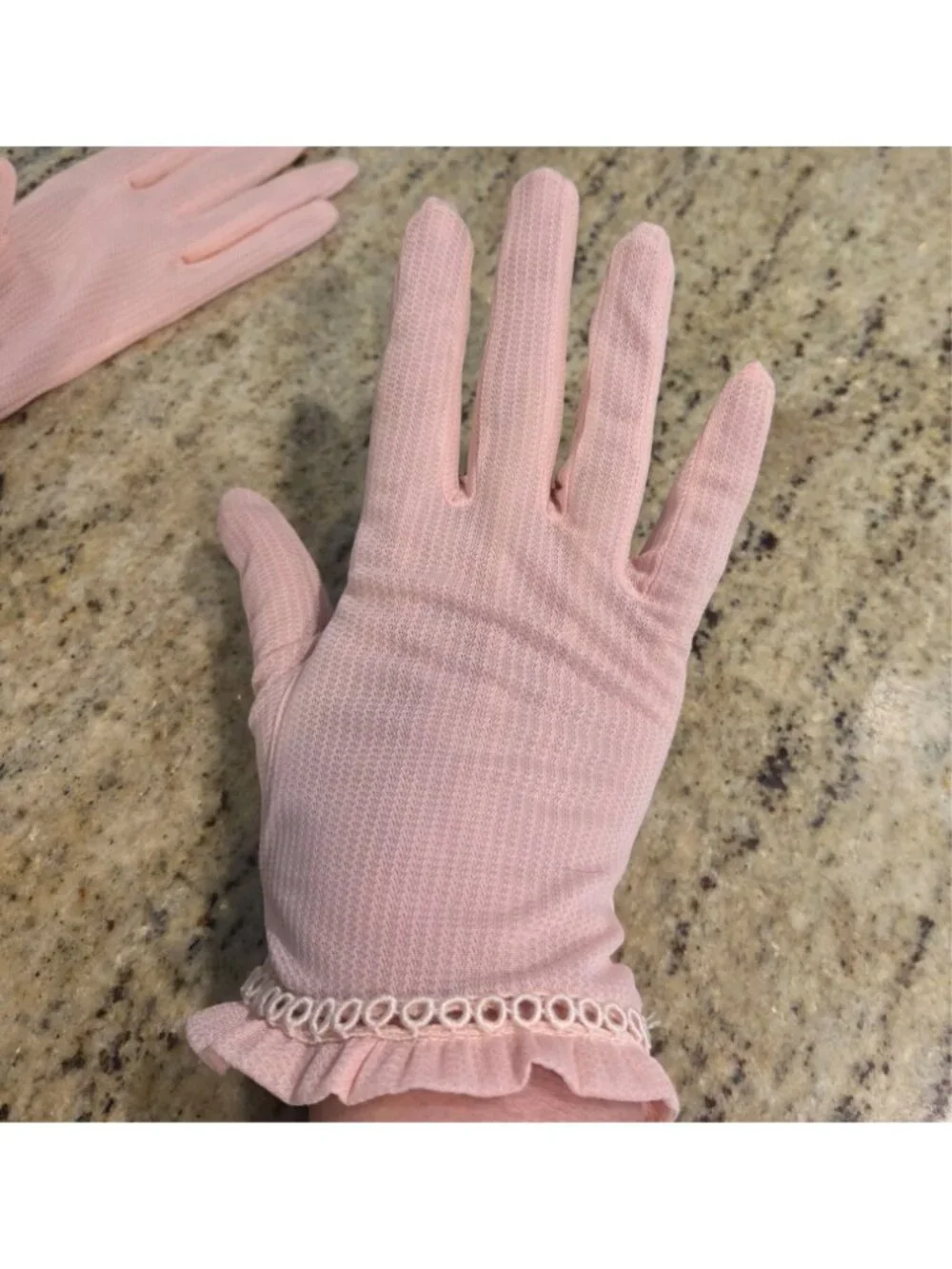 Vintage Womens Size L/XL Pink Nylon Formal Gloves Ruffle Wrist